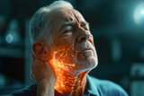 Fototapeta Sawanna - VFX the neck Pain Augmented Reality Animation. Massaging and Stretching the the neck to Ease the Injury. Close Up of a Senior Male Experiencing Discomfort in a Result of the neck Trauma.