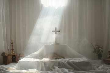 Sticker - A white cross is on a bed with a white sheet
