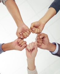 Aufkleber - Business, people and fist or hands for teamwork, collaboration and unity for power with diversity and motivation. Group, community and together for support for project or task success and partnership