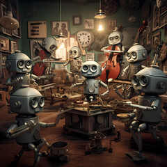 Sticker - Robot orchestra playing instruments in harmony.