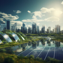 Poster - Solar farm in a green energy-powered city. 