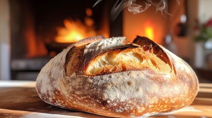 Poster - Close-up of a sourdough loaf fresh out of the oven, with steam rising from the crust, set against a backdrop of a warm kitchen.