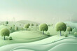 3d rendering of green grass hills with trees and wind turbines