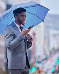 Canvas Print - Speaker, phone call and businessman with umbrella in city for deal, negotiation or b2b client networking on winter commute. Hello, rain or smartphone app for translation, memo or travel assistance