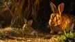 Two rabbits sit grass tree
