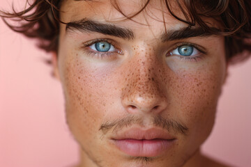 Poster - Portrait of young beautiful man. Concept of natural beauty, cosmetology, pink background