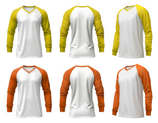 2 Set of men yellow orange mustard long sleeve Raglan Sleeves white tee t shirt colour block V-neck front, back and side view on transparent cutout, PNG file. Mockup template for artwork design