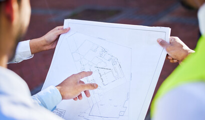 Aufkleber - Construction, people and meeting with blueprint in hands planning and project management logistics. Architecture, discussion and collaboration on home renovation or building strategy or floor plan