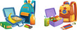 School backpack with lunchbox and supplies. Cartoon vector illustration set of education kit with student bag, food lunch plastic box with sandwich, vegetables and banana, juice, books and pencils.