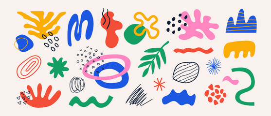 Poster - Abstract set natural organic shapes on a white background. Trendy doodle bundle with summer hand drawn plant leaf and tropical shapes. Vector illustration
