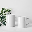 Two white coffee mugs sit on a white background with a leafy green branch in the