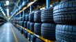 Piles of car tires in factory storage area. Concept Industrial Waste Management, Recycling Practices, Synthetic Rubber Production, Tire Manufacturing Technology