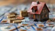 A miniature house model is positioned on a spread of various currency notes surrounded by stacks of coins, symbolizing real estate investment and financial planning. 