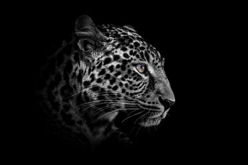 Wall Mural - close up black and white adult leopard portrait. animal on dark background