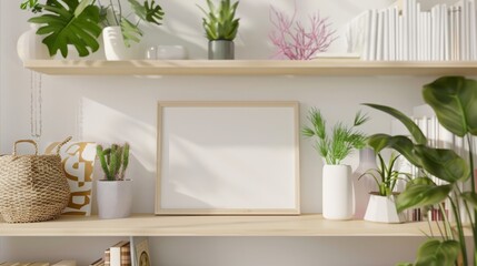 Wall Mural - frame mockup on a cute boho bookshelf, plants, colorful, copy and text space, 16:9
