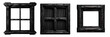 Black wooden window frames with intricate designs on a white transparent background. png