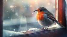 A Redbreasted Robin Puffs Out Its Feathers Against The Winter Chill, Perched On A Snowy Windowsill In Its Tiny Beak It Holds A Single Coffee Bean, Savoring The Bitter Warmth As It Energizes For A Day