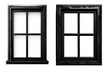 Black modern window frames with glass panes, exterior / outside view, isolated on white transparent background, png