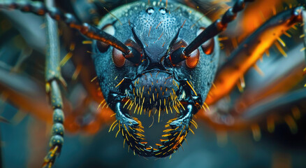 Wall Mural - A macro photo of an ant with humanlike eyes and mandibles
