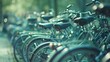 A blurred backdrop of bicycles in varying shades of green representing the evergrowing popularity of this sustainable mode of transport. The soft focus creates a sense of calm and .
