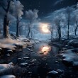 Fantasy winter landscape with snowy trees and river at night. 3d illustration