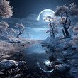 Fantasy winter landscape with frozen trees and moon. 3d rendering