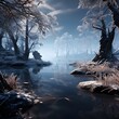 Fantasy landscape with a frozen lake and trees. 3d rendering