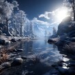 Frozen lake in the winter forest. 3d render illustration.