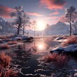 Fantastic winter landscape with frozen lake and trees. 3d render