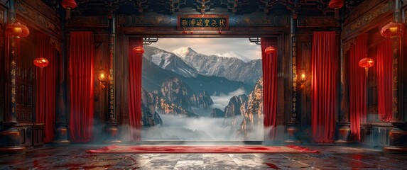 chinese style stage with red curtains on both sides, The background features misty mountains in dark tones, cinematic lighting effects. a grand scene backdrop