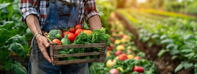 Close up young farmer hands holding a box of organic vegetables in agriculture farm, Harvesting organic fresh food in garden for healthy life and good nutrition