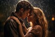 Kiss under the rain - true love, emotion and romantic mood. Loving couple under the rain.