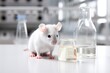 Laboratory mouse sitting among test tubes and flasks on a laboratory table. AI generated image.