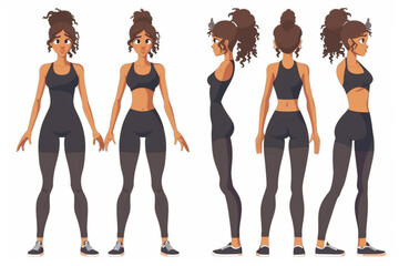 Wall Mural - Woman character constructor. A set of positions and views of the body, arms and legs, emotions for animation. Vector illustration vector icon, white background, black colour icon