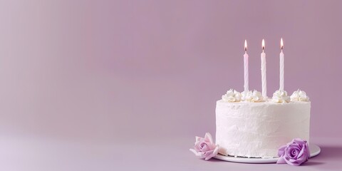 Wall Mural - A simple birthday cake with lit candles on a purple background.