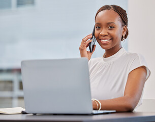 Poster - Black woman, portrait and phone call for laptop networking in office, contact and app for talking. Female person, speaking and career offer or opportunity, online and b2b planning or consulting