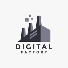 Wall Mural - Abstract minimalist digital Factory logo with pixel smoke on white background