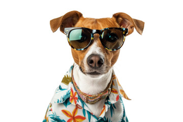 Wall Mural - Happy smile Puppy dog wear sunglasses with summer season costume isolated on background, pets summer, lovely dog, holiday vacation.