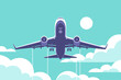 Airplane gaining altitude between clouds. Travel and vacation time. Vector illustration in a minimalistic style.