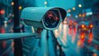 A surveillance camera oversees a rainy urban street, watching intently.
