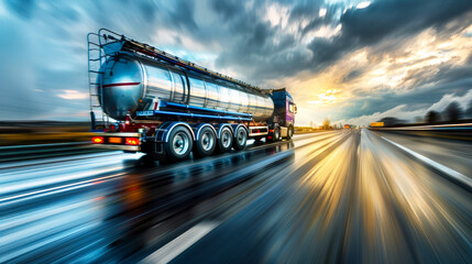 Wall Mural - A semi truck, carrying petroleum products, travels down a highway under a cloudy sky