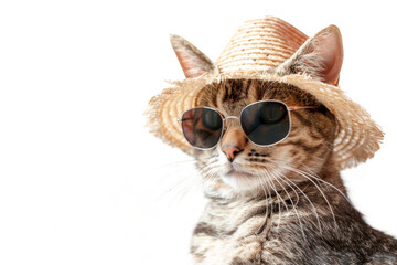 Wall Mural - Happy smile kitty Cat wear sunglasses with summer season costume isolated on background, pets summer, lovely cat, holiday vacation.