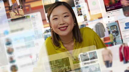Poster - POV Video of a Woman Engaging in Online Shopping and Social Media Interactions Through a Desktop Computer with a Dynamic Display of Digital Content, Framed with a Slightly Tilted Camera Angle