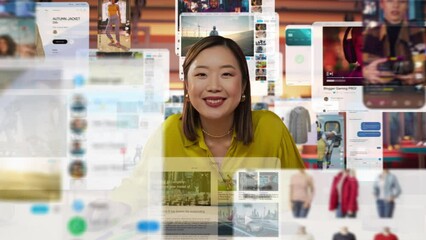 Aufkleber - Dynamic Portrait with an Asian Woman Engaging in Online Shopping and Content Creation at Her Home Office. Camera Fluidly Moves Around Her, Capturing Her Interactions With Multiple Digital Screens