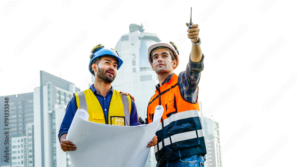 Contractor, Two civil engineers checking information from blueprint ...