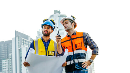 Wall Mural - Contractor, Two civil engineers checking information from blueprint with teamwork, project manager planning and collaboration, outdoor construction worker and floor plan for urban development in city