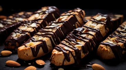 Wall Mural - Almond biscotti dipped in dark chocolate, close-up, with a focus on the chocolate drizzle and almond pieces, on wax paper