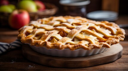 Poster - Close-up of a classic apple pie with a golden lattice crust, showcasing the juicy apple filling, on a rustic wooden table. 