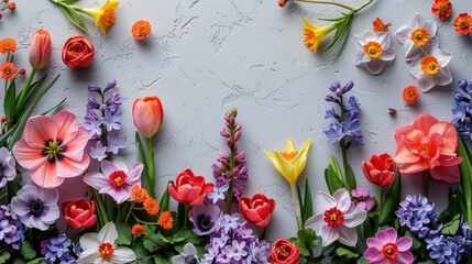 Wall Mural - Floral background. Spring flowers frame with tulips, daffodils, crocuses, hyacinths, lilacs, cherry blossoms, azaleas on white background