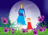 Fototapeta  - composition with mother and daughter on the background of the moon